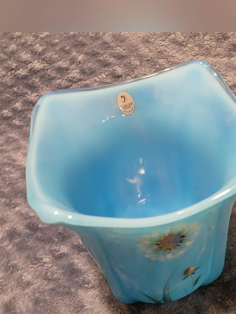 Fenton Art Glass Dandelion Breeze Hand-Painted Sky Blue Glass Flip Vase